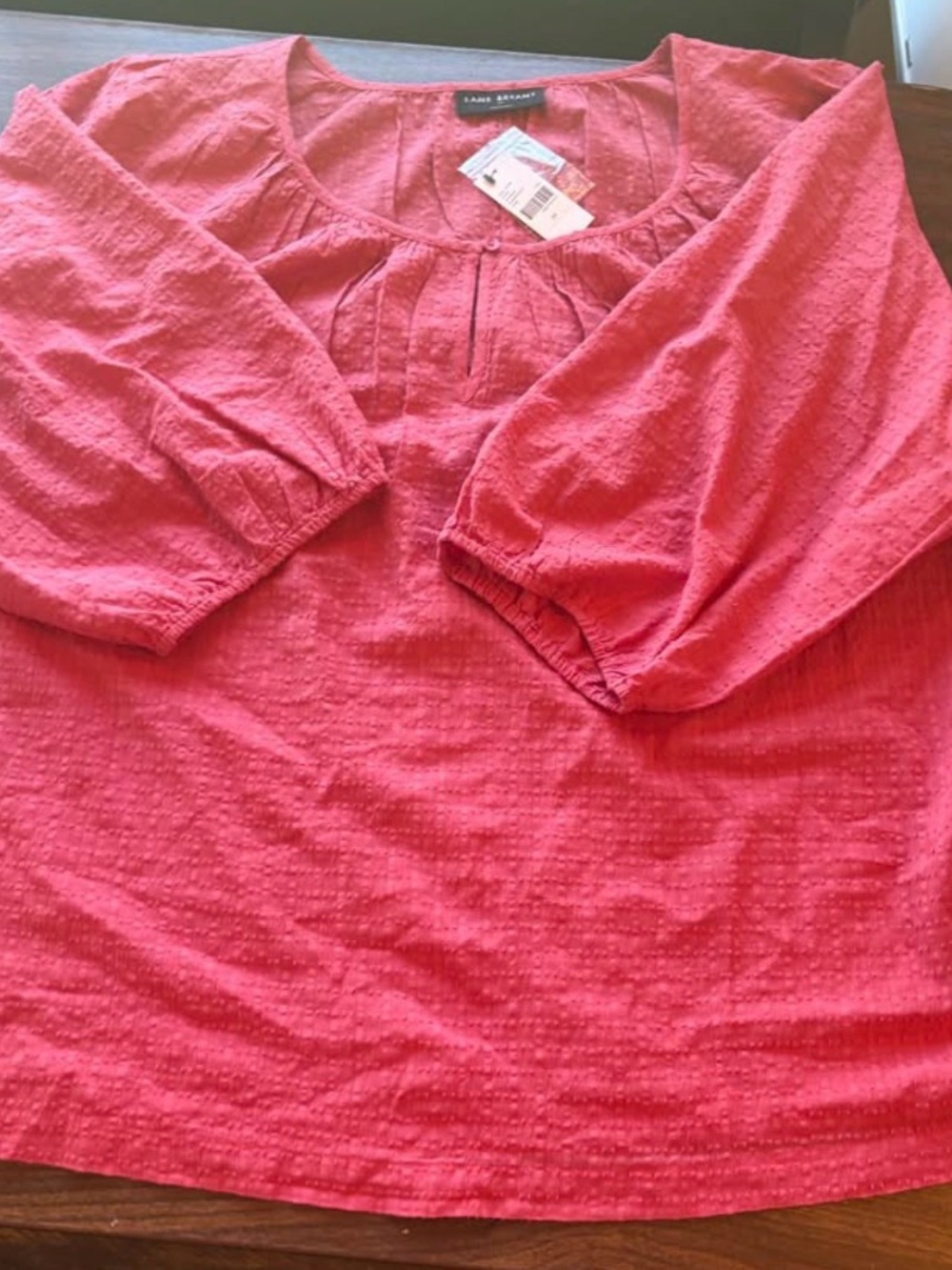 Lane Bryant Coral Peasant Blouse with Textured Dot Detail